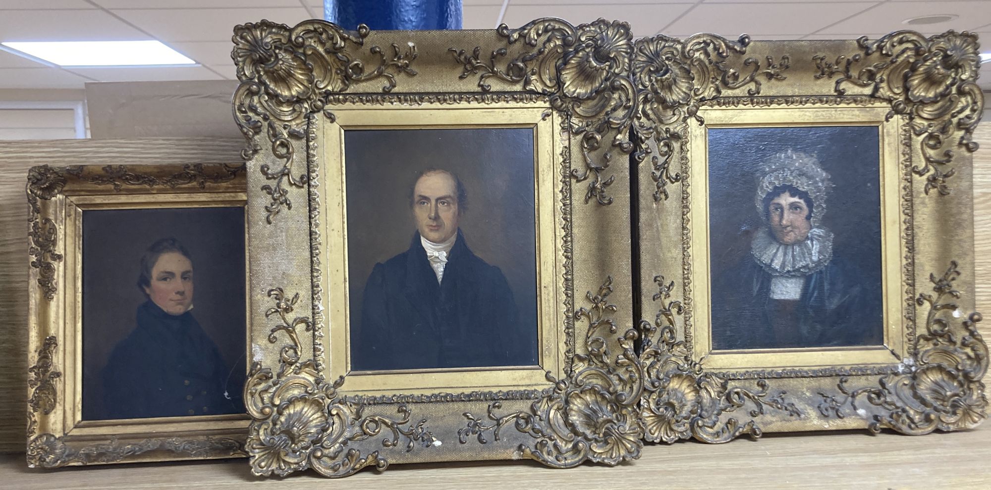 Early 19th century English School, pair of oils on mill board, Portraits of Walter and Sarah Parsons, he 1773-1848, she 1771-1827, 24 x
